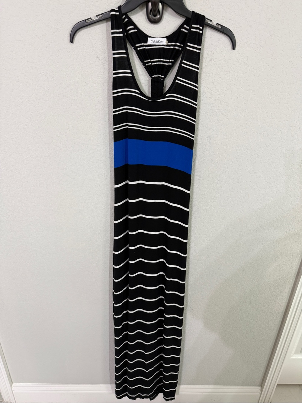 Calvin Klein Black & White Striped Maxi Dress with Blue Band